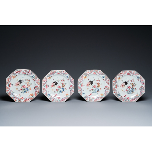 241 - Eight Chinese octagonal famille rose 'rooster' plates, QianlongL.: 22 cm