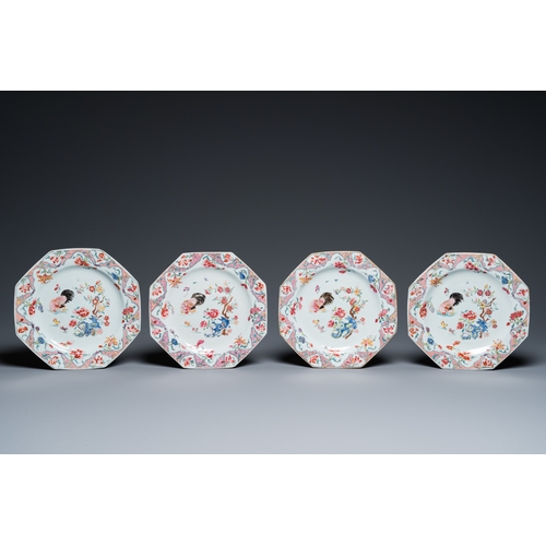 241 - Eight Chinese octagonal famille rose 'rooster' plates, QianlongL.: 22 cm