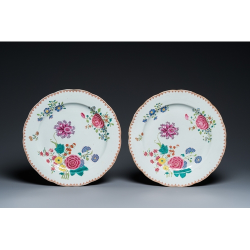 242 - Three Chinese famille rose dishes and two plates with floral design, QianlongDia.: 33,5 cm (the larg... 