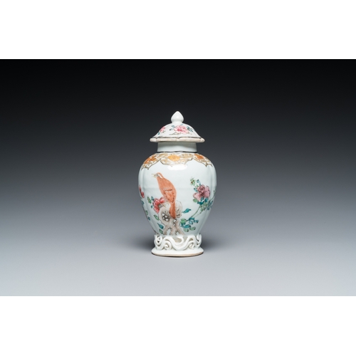 245 - A Chinese famille rose tea caddy with a bird on a rock, YongzhengH.: 13 cm