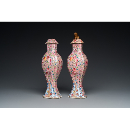 255 - A pair of Chinese famille rose vases and covers, YongzhengH.: 35 cm (the tallest vase and cover)... 