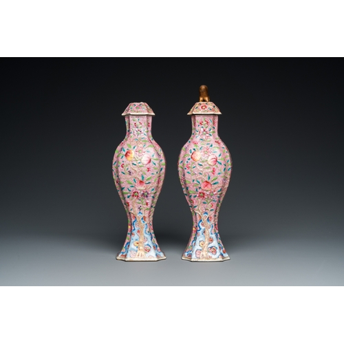 255 - A pair of Chinese famille rose vases and covers, YongzhengH.: 35 cm (the tallest vase and cover)... 