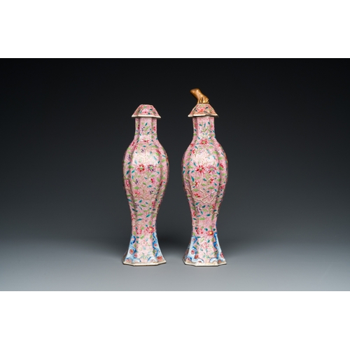 255 - A pair of Chinese famille rose vases and covers, YongzhengH.: 35 cm (the tallest vase and cover)... 