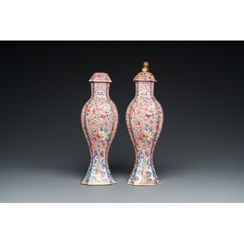 255 - A pair of Chinese famille rose vases and covers, YongzhengH.: 35 cm (the tallest vase and cover)... 