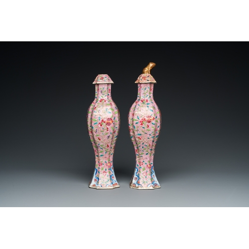 255 - A pair of Chinese famille rose vases and covers, YongzhengH.: 35 cm (the tallest vase and cover)... 