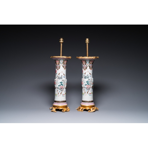 272 - A pair of Chinese famille rose vases with fine gilt bronze lamp mounts, YongzhengH.: 58 cm (incl. th... 