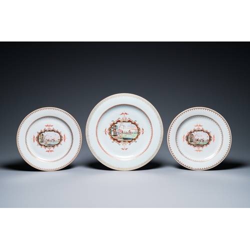 285 - 19 Chinese famille rose Meissen-style 'knight on horseback' dishes and plates, QianlongDia.: 38,5 cm... 