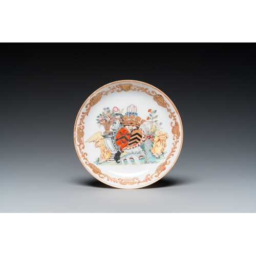 289 - A Chinese Dutch market famille rose cup and saucer with the arms of van Isselmuden and van Haersolte... 