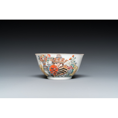 289 - A Chinese Dutch market famille rose cup and saucer with the arms of van Isselmuden and van Haersolte... 