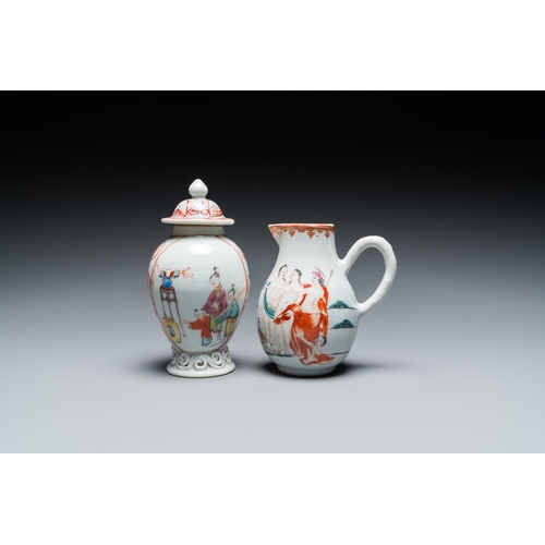 291 - A Chinese famille rose 'mandarin subject' tea caddy and a jug with the 'Judgement of Paris', Qianlon... 