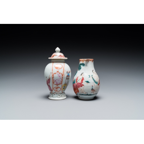 291 - A Chinese famille rose 'mandarin subject' tea caddy and a jug with the 'Judgement of Paris', Qianlon... 