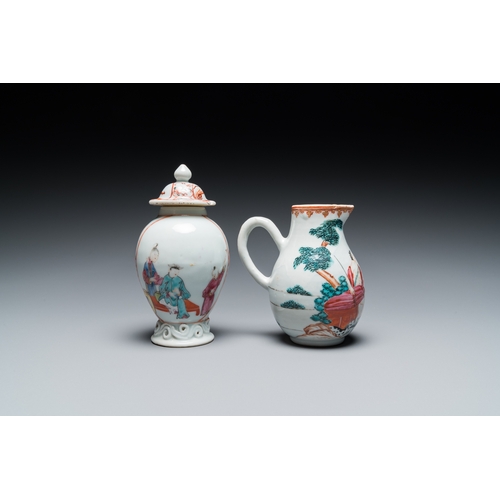 291 - A Chinese famille rose 'mandarin subject' tea caddy and a jug with the 'Judgement of Paris', Qianlon... 