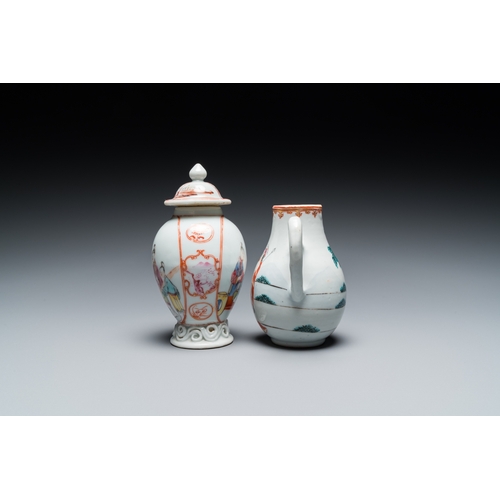 291 - A Chinese famille rose 'mandarin subject' tea caddy and a jug with the 'Judgement of Paris', Qianlon... 