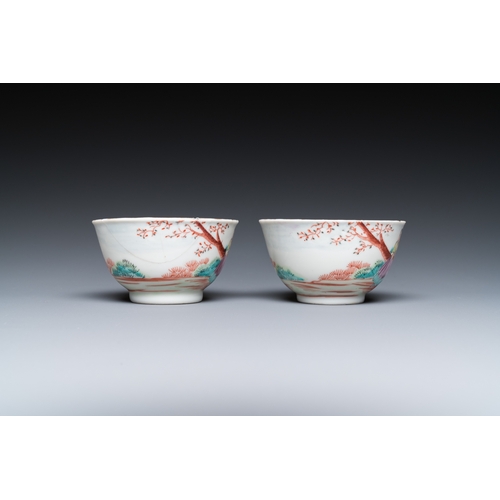 292 - A pair of Chinese famille rose 'European subject' cups and saucers, QianlongDia.: 12 cm (the saucers... 