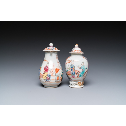 293 - A Chinese famille rose 'mandarin subject' jug with cover and a tea caddy, QianlongH.: 13,5 cm - L.: ... 