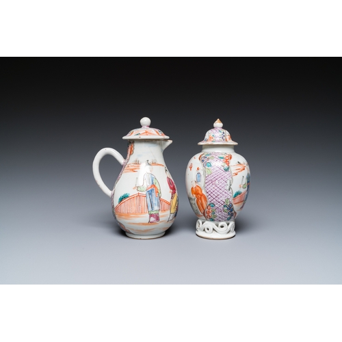 293 - A Chinese famille rose 'mandarin subject' jug with cover and a tea caddy, QianlongH.: 13,5 cm - L.: ... 