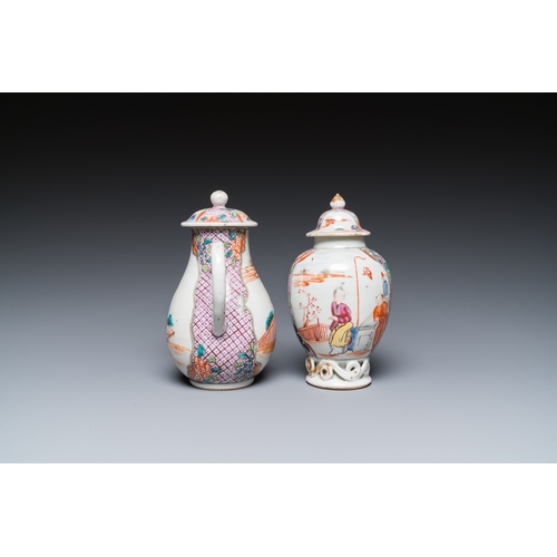 293 - A Chinese famille rose 'mandarin subject' jug with cover and a tea caddy, QianlongH.: 13,5 cm - L.: ... 