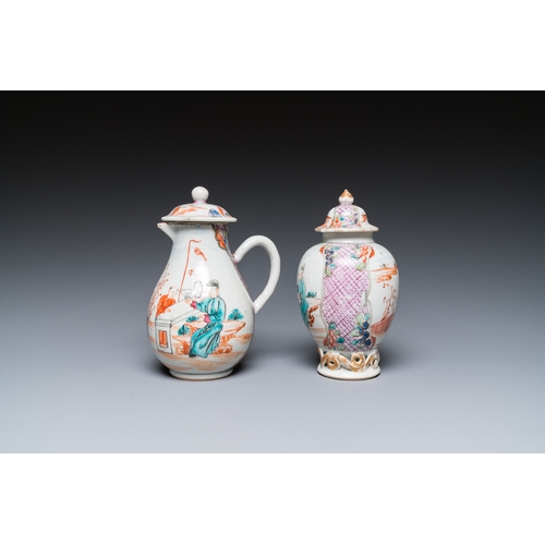 293 - A Chinese famille rose 'mandarin subject' jug with cover and a tea caddy, QianlongH.: 13,5 cm - L.: ... 