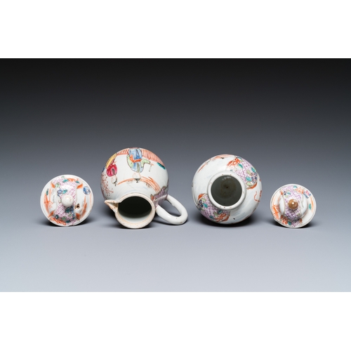 293 - A Chinese famille rose 'mandarin subject' jug with cover and a tea caddy, QianlongH.: 13,5 cm - L.: ... 