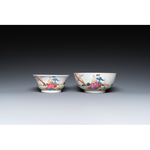 294 - Two fine Chinese famille rose 'European subject' bowls, QianlongDia.: 14 cm - H.: 6,5 cm (the larges... 