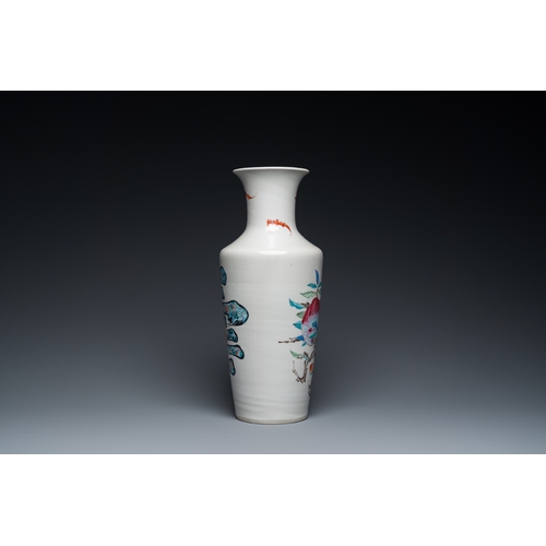 306 - A Chinese famille rose rouleau vase with Shou Lao, YongzhengH.: 43 cm