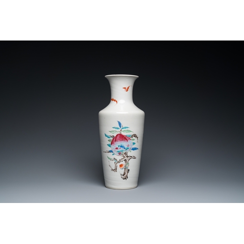 306 - A Chinese famille rose rouleau vase with Shou Lao, YongzhengH.: 43 cm