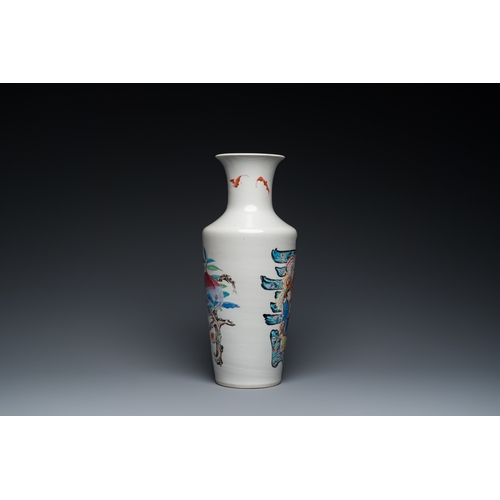 306 - A Chinese famille rose rouleau vase with Shou Lao, YongzhengH.: 43 cm