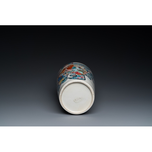 306 - A Chinese famille rose rouleau vase with Shou Lao, YongzhengH.: 43 cm