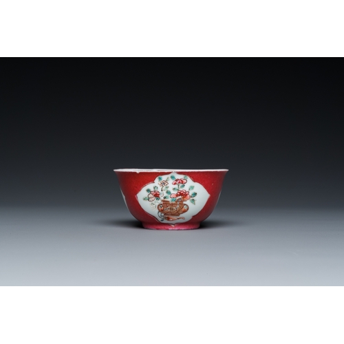 308 - A Chinese famille rose ruby-ground cup and saucer, YongzhengDia.: 11,5 cm (the saucer)Dia.: 7 cm - H... 