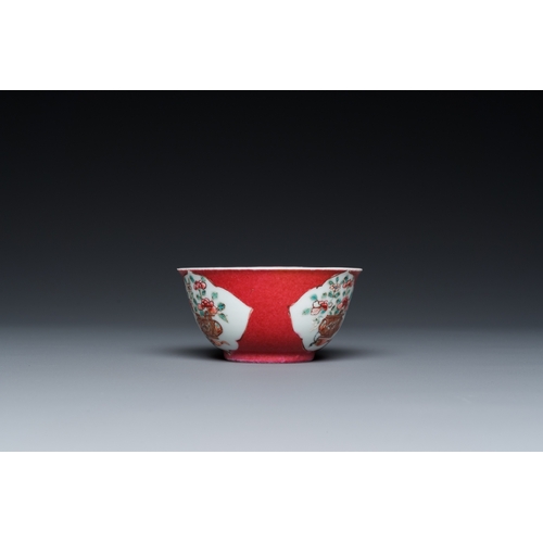 308 - A Chinese famille rose ruby-ground cup and saucer, YongzhengDia.: 11,5 cm (the saucer)Dia.: 7 cm - H... 