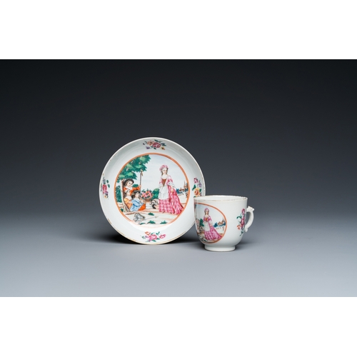 312 - A Chinese famille rose 'European subject' cup and saucer, QianlongDia.: 13,5 cm (the saucer)L.: 9 cm... 