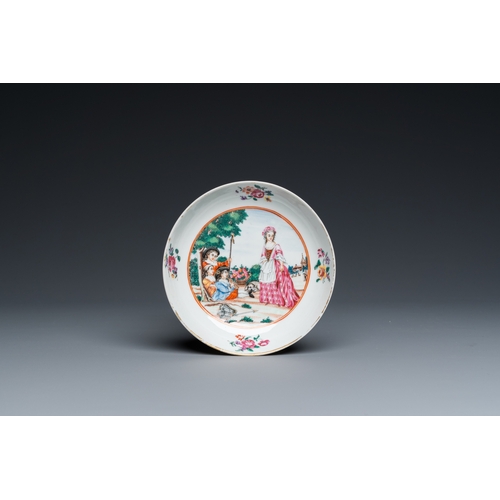 312 - A Chinese famille rose 'European subject' cup and saucer, QianlongDia.: 13,5 cm (the saucer)L.: 9 cm... 