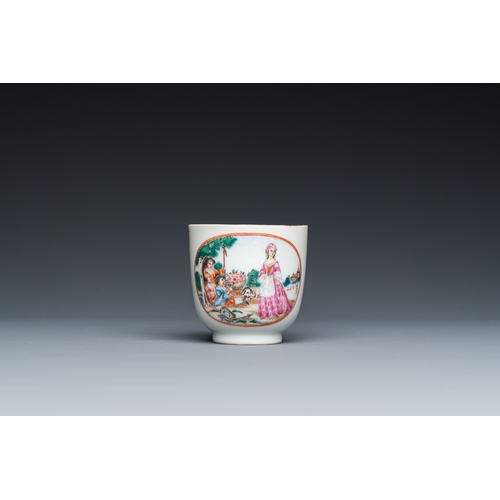 312 - A Chinese famille rose 'European subject' cup and saucer, QianlongDia.: 13,5 cm (the saucer)L.: 9 cm... 