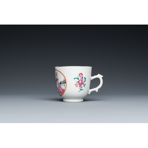 312 - A Chinese famille rose 'European subject' cup and saucer, QianlongDia.: 13,5 cm (the saucer)L.: 9 cm... 