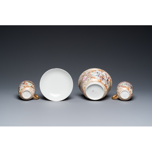 317 - A Chinese famille rose covered bowl, a saucer and two cups with a hunting scene, QianlongDia.: 15 cm... 