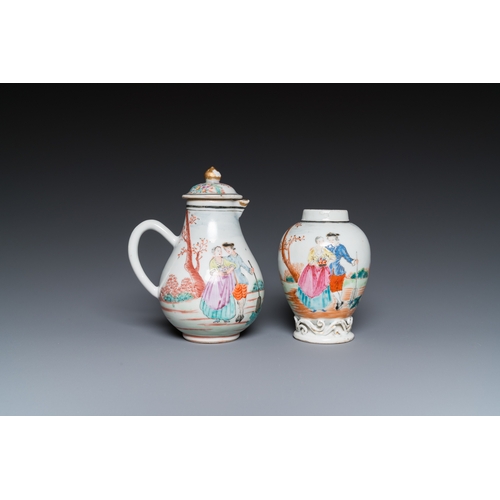 318 - A Chinese famille rose 'European subject' milk jug and tea caddy, QianlongH.: 13,5 cm (the jug and c... 