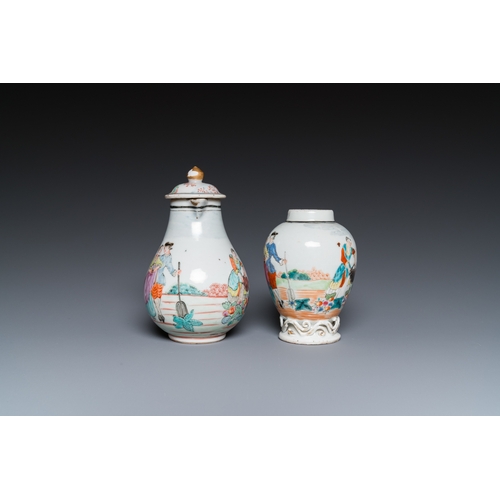 318 - A Chinese famille rose 'European subject' milk jug and tea caddy, QianlongH.: 13,5 cm (the jug and c... 