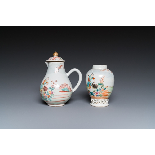 318 - A Chinese famille rose 'European subject' milk jug and tea caddy, QianlongH.: 13,5 cm (the jug and c... 