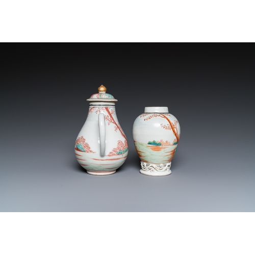 318 - A Chinese famille rose 'European subject' milk jug and tea caddy, QianlongH.: 13,5 cm (the jug and c... 