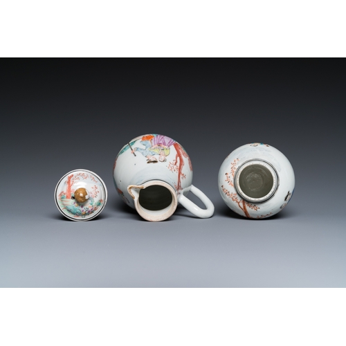 318 - A Chinese famille rose 'European subject' milk jug and tea caddy, QianlongH.: 13,5 cm (the jug and c... 