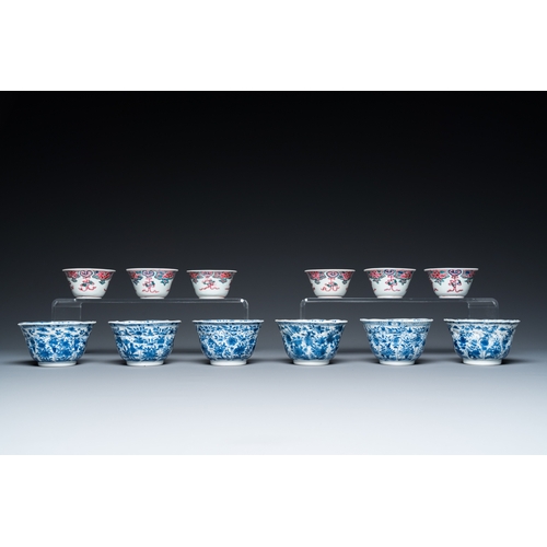 332 - Twelve Chinese blue, white and famille rose cups and saucers, Kangxi/YongzhengDia.: 13,5 cm (the lar... 