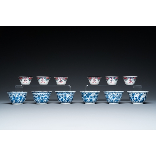 332 - Twelve Chinese blue, white and famille rose cups and saucers, Kangxi/YongzhengDia.: 13,5 cm (the lar... 