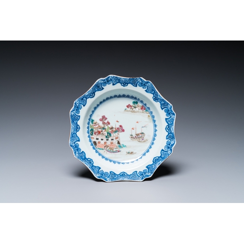 346 - A Chinese famille rose 'Fort Folly' plate and a pair of Samson famille verte-style jars and covers, ... 