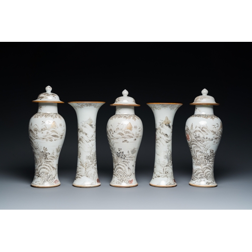 349 - A Chinese grisaille garniture of five 'landscape' vases, YongzhengH.: 26 cm (the tallest)... 