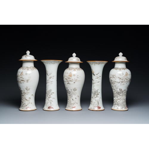 349 - A Chinese grisaille garniture of five 'landscape' vases, YongzhengH.: 26 cm (the tallest)... 