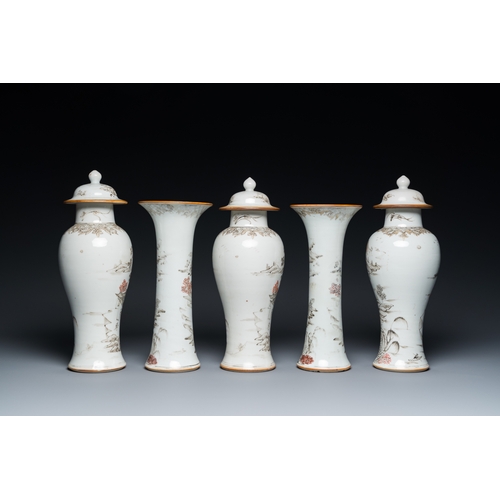 349 - A Chinese grisaille garniture of five 'landscape' vases, YongzhengH.: 26 cm (the tallest)... 