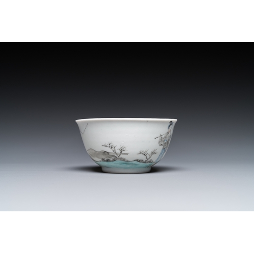 351 - A Chinese grisaille cup and saucer with Lan Caihe, YongzhengDia.: 11,5 cm (the saucer) Dia.: 7,5 cm ... 