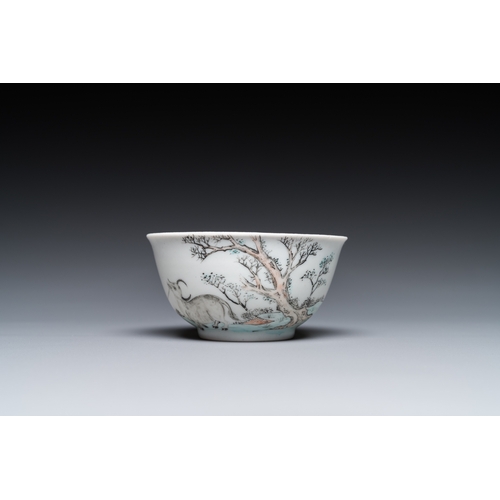 351 - A Chinese grisaille cup and saucer with Lan Caihe, YongzhengDia.: 11,5 cm (the saucer) Dia.: 7,5 cm ... 