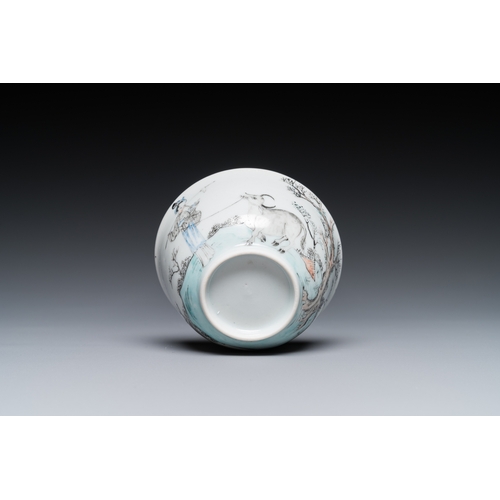 351 - A Chinese grisaille cup and saucer with Lan Caihe, YongzhengDia.: 11,5 cm (the saucer) Dia.: 7,5 cm ... 