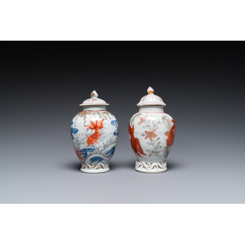 361 - Two Chinese blue, white and iron-red 'carps' tea caddies, YongzhengH.: 13 cm (the tallest)... 